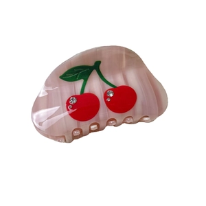 Pink marble acetate cherry hair claw clip with rhinestone accents for women