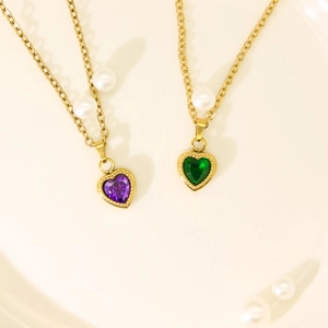 French style gold heart zircon necklace with pearls and colorful heart pendants