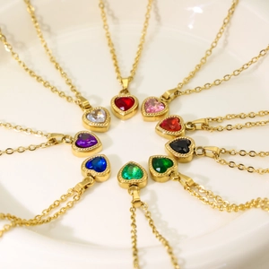 French minimalist heart pendant necklace with multi-color zircon on gold chain