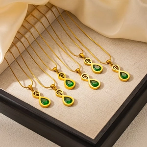 Gold letter infinity necklace with teardrop emerald gemstone pendants A to F models