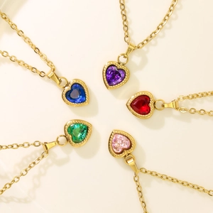 French style minimalist heart zircon necklace in five vibrant colors with gold chain