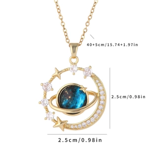 Detail shot of golden Saturn pendant with blue core and sparkling crystals on chain