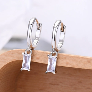 Elegant 925 sterling silver drop earrings with rectangular clear zircon gemstones