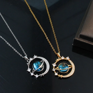 Stainless Steel Blue Planet Pendant Necklace For Women Western Style Moon Star Saturn Rhinestone Galaxy Universe Jewelry
