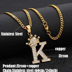 Goldene Hip-Hop-Halskette mit Krone Buchstabe K und Zirkonia auf 60 cm Kette