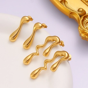 Boucles d'Oreilles Minimalistes Irrégulières en Acier Inoxydable Plaquées Or Métal Liquide Bijoux Forme Fluide Goutte d'Eau