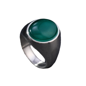 Vintage oval green cat eye stone ring with matte grey stainless steel band
