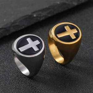 Anelli a sigillo croce punk retrò in oro e argento con inserti in smalto nero
