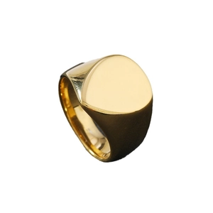 Polished gold stainless steel teardrop signet ring for men on white background
