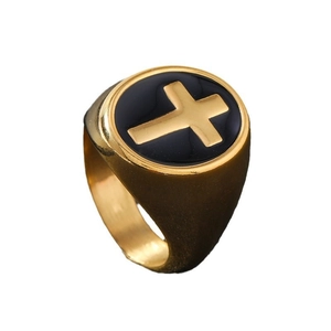 Bague punk vintage en acier inoxydable doré pour homme avec motif croix noire