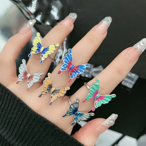 Adjustable colorful liquid butterfly rings set with enamel finish for a trendy look