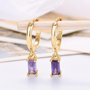 925 silver needle drop earrings with rectangular purple zircon in gold finish