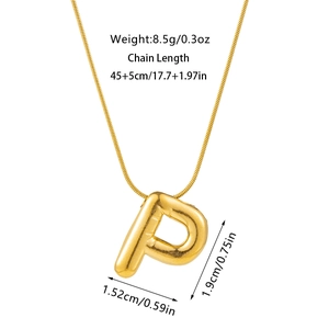 Detailed specs for gold bubble letter P pendant necklace with 45cm snake chain and 8.5g weight
