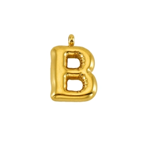 Detail of 3D gold puffy bubble letter B pendant with a glossy metallic balloon finish