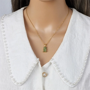 Fashionable gold titanium steel necklace with a sparkling green zircon bear pendant for women