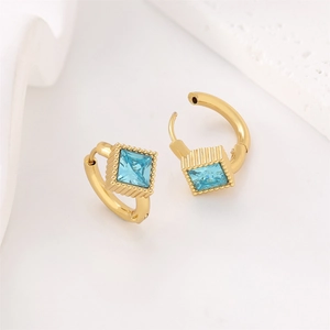 Modern 18k gold plated stainless steel hoop earrings with square blue zircon stones