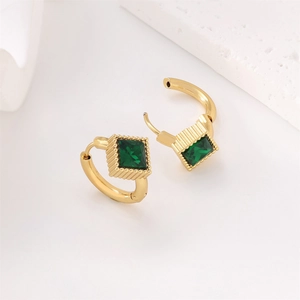 Elegant 18k gold plated stainless steel hoop earrings with square emerald green stones