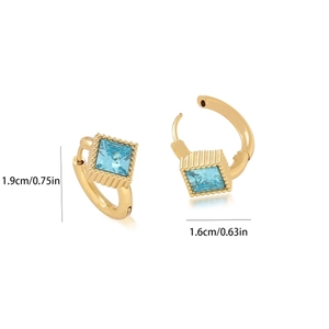 Detail showing 1.9cm x 1.6cm 18k gold-plated square earrings with blue gemstone accents