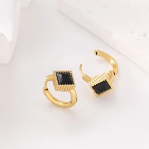 18k gold plated stainless steel hoop earrings with square black stone and ribbed texture
