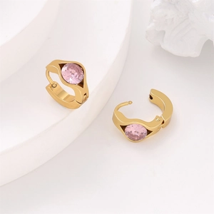 304 stainless steel gold hoop earrings with pink crystal stone on white minimalist decor