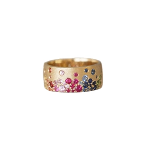French vintage style wide gold ring with rainbow gemstones and frosted texture finish