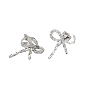 Silver bow knot clip-on earrings with shimmering pavé zircon stones for non-pierced ears