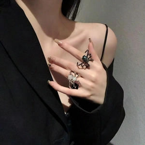 Gothic punk spider rings with moonstone and black bead, adjustable open metal jewelry