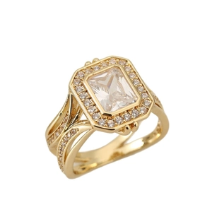 Elegant gold square-cut faux moissanite ring with halo stones and split shank design