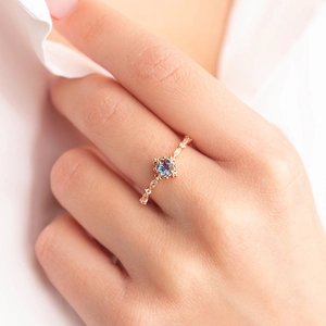 Rose gold ring with round blue topaz stone and vintage textured band with tiny diamonds