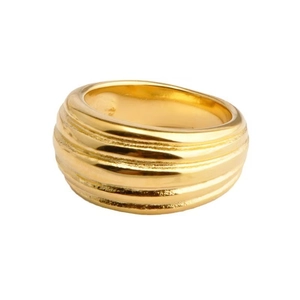 Minimalist gold plated thick ring with triple parallel wave grooves for women
