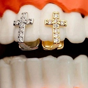 Hip Hop Kruis Tandjuwelen Iced Out Enkele Tandkapje Koper Micro Ingelegde Zirkonia Goud Zilver Verguld Tanden Sieraden Unisex
