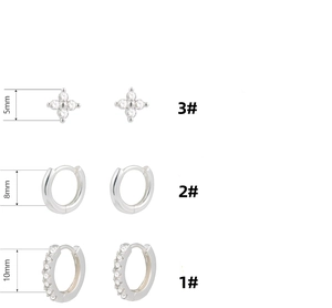 Detailed size guide for silver hoop earrings and clover studs with 5mm to 10mm measurements