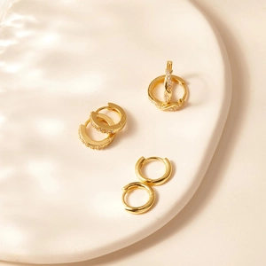 Three pairs of elegant gold S925 sterling silver hoop earrings with zircon stones