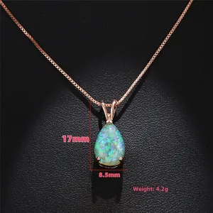 Detail showing dimensions 17mm x 8.5mm of rose gold pear-shaped opal pendant necklace