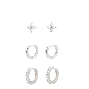 Three-pair silver lucky four-leaf clover stud and zircon hoop earring set for women