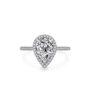 Elegant pear cut halo ring with pave set band in polished silver tone finish