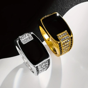 Anello Hip Hop da Uomo con Fascia Larga Placcato Oro Argento Rame Zirconia Smalto Nero Intarsiato Gioielli alla Moda