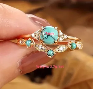Detail of bohemian ring set featuring 7mm turquoise stone and 3.7g weight info