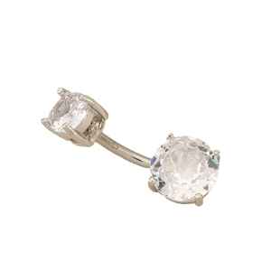 Polished belly button ring with double clear round-cut zircon stones on a curved bar