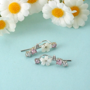 Exquisite silver flower ear crawlers with pink zircons and mother of pearl texture