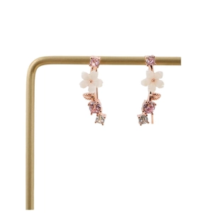 Elegant rose gold flower earrings with white petals and pink zircon on a gold stand