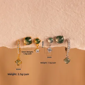 Vintage gold and silver earrings with natural green moss agate and zircon accents