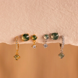 French Vintage Natural Moss Agate Earrings French Design Zircon Inlaid Geometric Copper Earrings For Women Fashion Jewelry