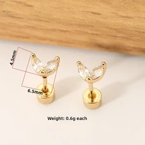 Golden butterfly stud earrings with sparkling marquise crystals and screw back fasteners