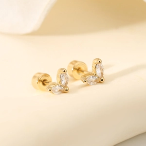 Elegant gold butterfly stud earrings with marquise zirconia and screw back closures