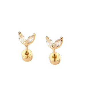 Elegant gold butterfly leaf stud earrings with sparkling marquise zircon and flat screw backs