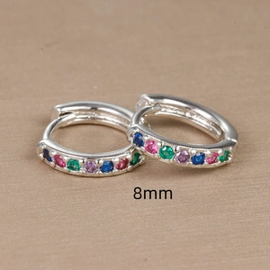 Minimalist silver hoop earrings with multi-colored cubic zirconia stones in 8mm size