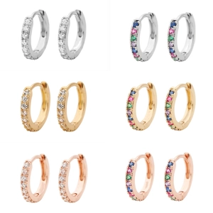 Set of six minimalist geometric huggie earrings in silver, gold, and rose gold with zircons