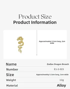 Detailed size chart for dragon brooch with 5.3cm x 2cm dimensions and 12g weight specifications