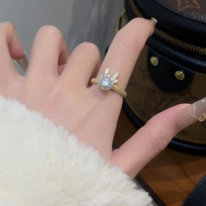 Anello Animale Rotante Regolabile in Zirconia per Donna Anello a Forma di Coniglio e Corna in Rame Placcato Oro Gioielli Vintage